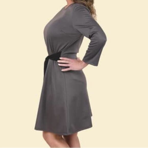 Tamsy Solid Grey Midi Drop Waist Long Sleeve Dress M - Picture 3 of 14